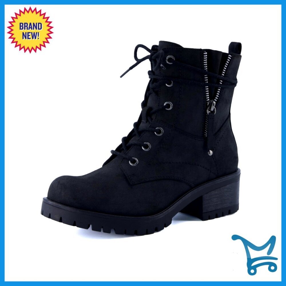 Heeled Combat Boots with Memory Foam, Faux Fur Lining, Side Zipper